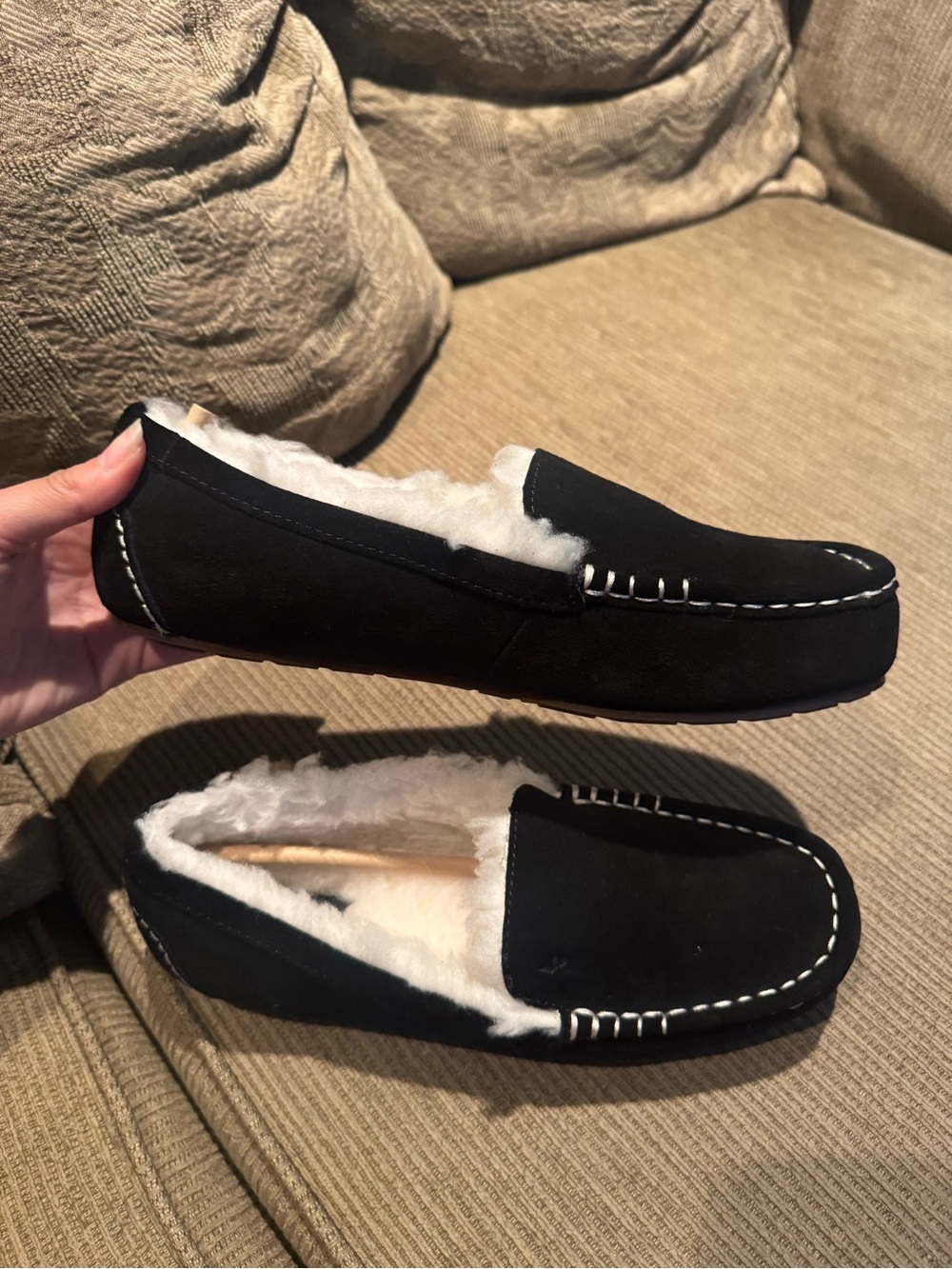 Koolaburra Black Suede Moccasin Slippers with White Shearling - Picture 2 of 7